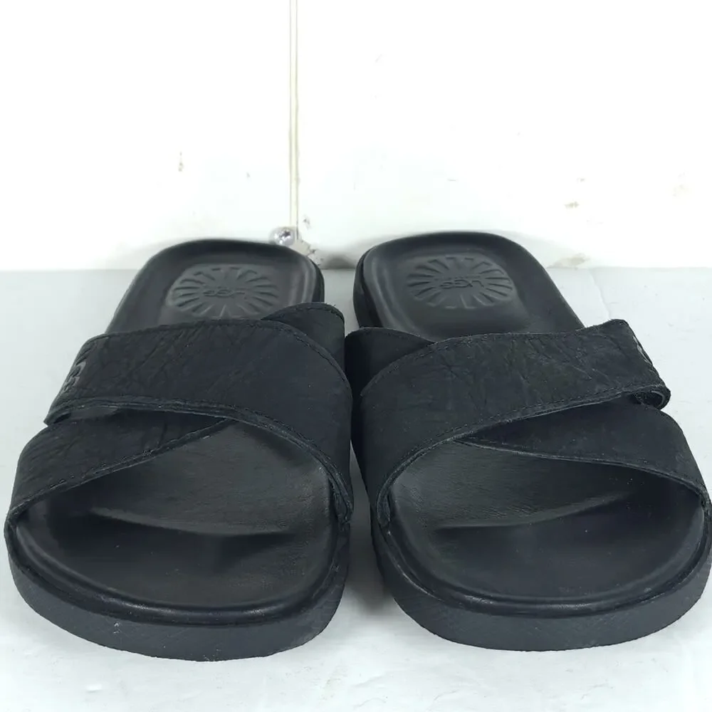 UGG Men's Brookside US 7 Black Leather Criss Cross Flat Slide Sandals Shoes
